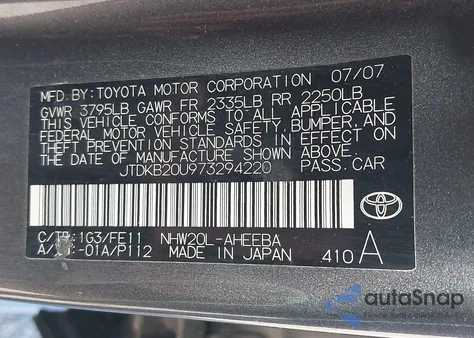 2007 Toyota Prius Touring from USA, damaged, VIN JTDKB20U973294220
